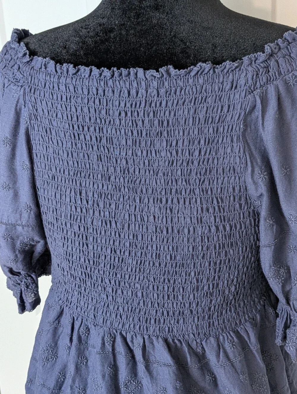 NWT Old Navy Blue Eyelet Smocked Off Shoulder Puff Sleeve Peasant Blouse Sz M